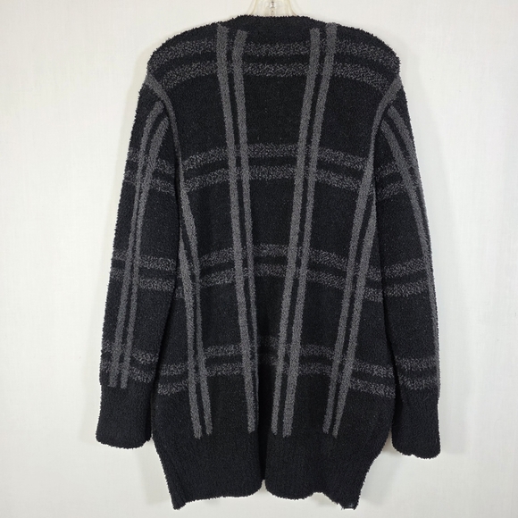 Barefoot Dreams CozyChic Plaid Open Front Cardigan Black Gray L Large - Picture 5 of 10